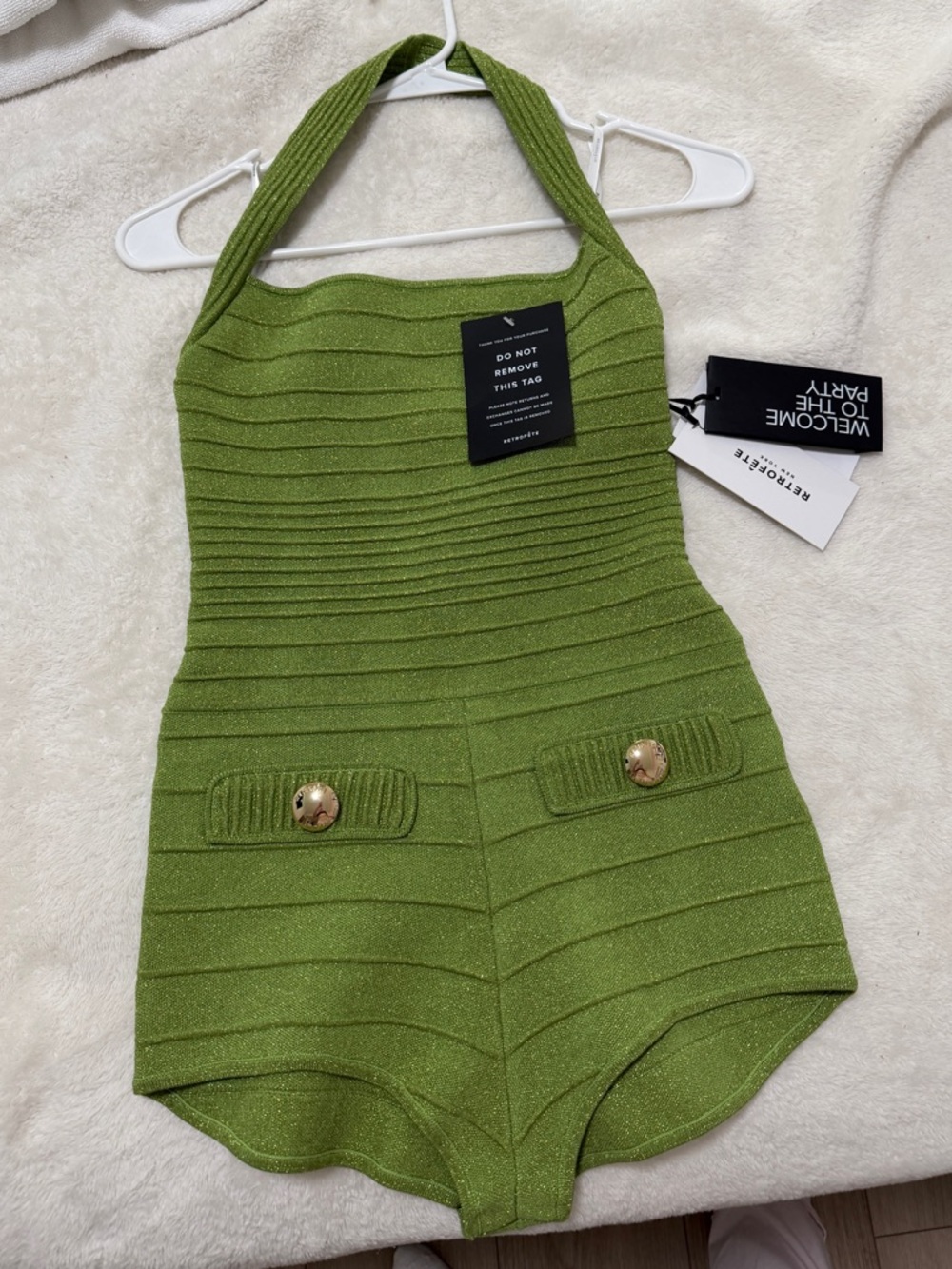 RETROFÊTE Fallyn Bandage Knit Romper in Metallic Kiwi